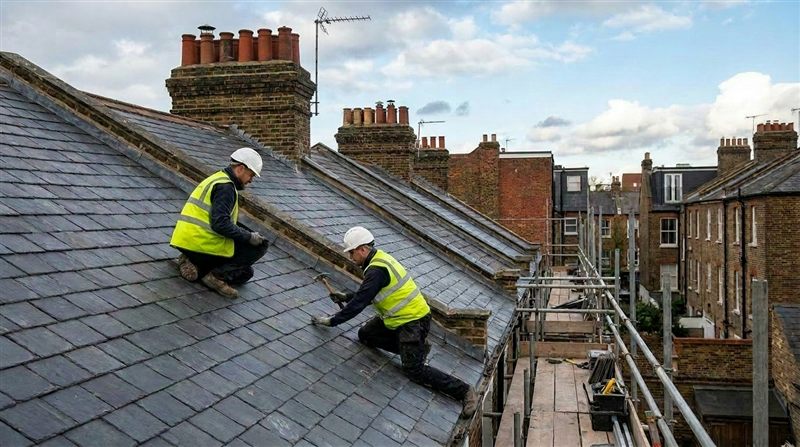 Roofers repairing a slate roof on a London terrace